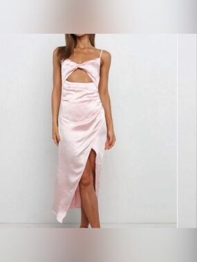 Satin Twist Front Cutout Midi Dress - Light Pink